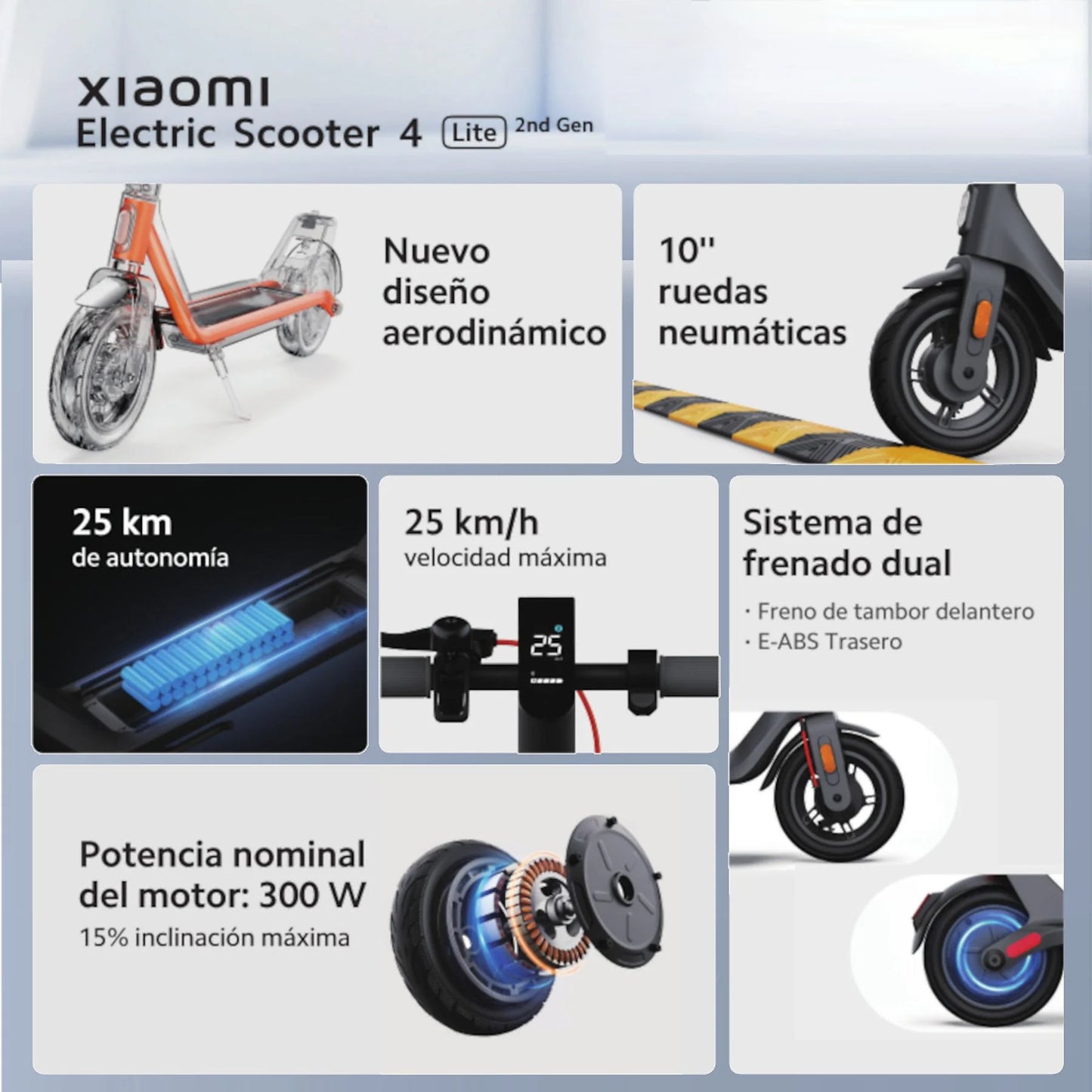 Patinete eléctrico - Xiaomi Electric Scooter 4 Lite 2ndGen, Pot. máx. 390W, Pot. nominal 300W, 25km autonomía, Vel. 25 km/h, Negro